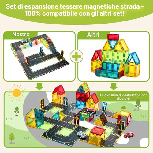 hahaland Set Costruzione Magnetiche 3-5 anni, Tessere Magnetiche Costruzione Bambino 38 pezzi, Blocchi Magnetici Strada Città con 2 Macchinine, Regalo Bimbo 3 4 5 6 anni