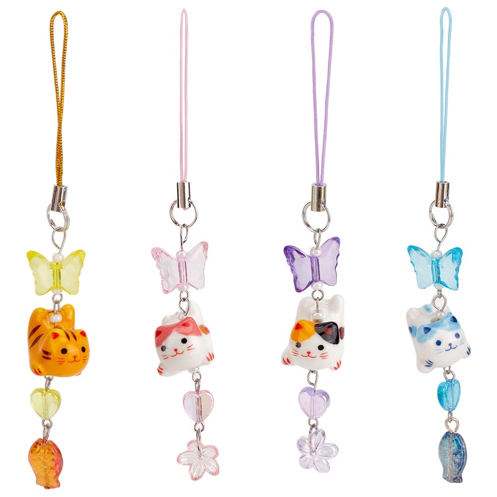DELORIGIN 4 Styles Cats Phone Charms Porcelain Beaded Phone Strap Cartoon Animal Kitty Wrist Lanyard Acrylic Butterfly Mobilephone Accessories for Cases Keychain Bag Car Hanging Ornaments