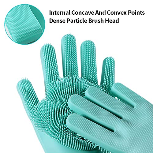 Magic Silicone Cleaning Gloves Dishwashing Scrubber - 1 Pair Reusable Dish Wash Scrubbing Sponge Gloves with Bristles, Great for Washing Dish, Kitchen, Car, Bathroom. 2PACK (Green)
