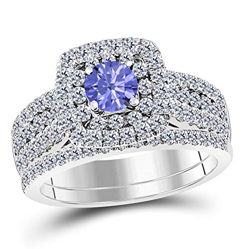 DS Jewels 14k Gold Plated Alloy 1.00 ctw CZ Tanzanite & Cubic Zirconia Round Wedding Band & Halo Style Engagement Ring Bridal Set for Women Size 4 to 11