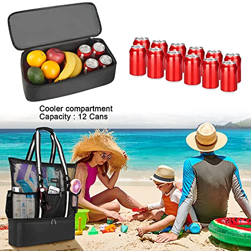 Beach Bag with Cooler, Mesh Beach Tote with Insulated Compartment for Women, Sandproof