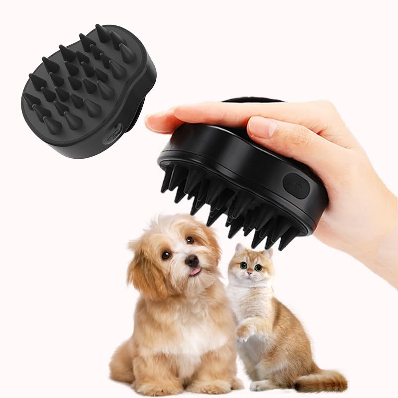 Cat Electric Bathing Brush with Massaging - Rechargeable Pet Bathing Brush with Soft Silicone Non-Slip Handle - Self Cleaning Grooming Comb for Dogs and Cats to Remove Tangles and Loose Hair