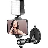 LenTok Suction Cup Mirror Phone Holder with Light, Travel Wall Phone Camera Mount for Makeup Content Creator Essentials, Mirr