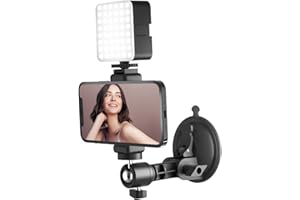 LenTok Suction Cup Mirror Phone Holder with Light, Travel Wall Phone Camera Mount for Makeup Content Creator Essentials, Mirror Tripod for Bathroom Kitchen Compatile with All Smooth Surface