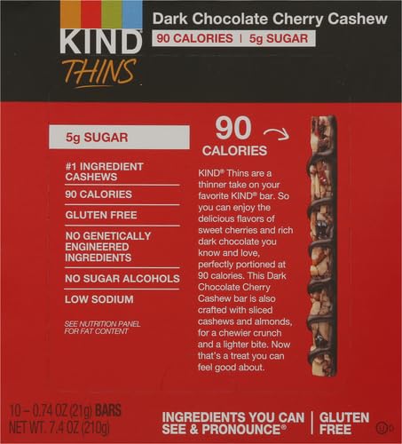 KIND THINS SNACK BARS, DARK CHOCOLATE CHERRY CHASHEW, GLUTEN FREE, LOW CALORIE, HEALTHY SNACKS, 5G SUGAR, 10 COUNT
