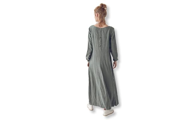 Women Maxi Long Sleeves Linen Dress 