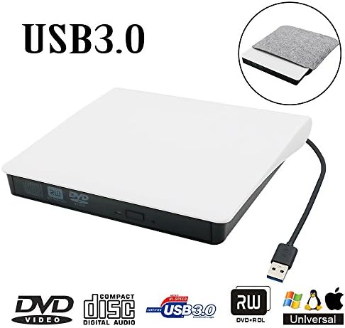 External DVD Drive USB 3.0 Transmission Slim Portable External DVD CD +/-RW Writer/Burner/Rewriter ROM Drive Perfect for Mac OS/Win7/Win8/Win10/Vista PC Desktop Laptop (White)