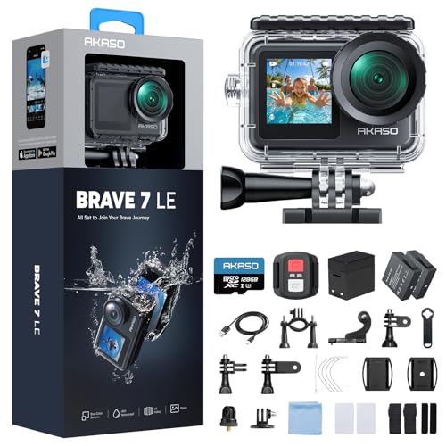 AKASO Brave 7 LE Cámara Deportiva 4K 30FPS 20MP WiFi con Tarjeta de Memoria U3 de 128GB Cámara de acción con Pantalla Táctil EIS Cámara Acuatica Sumergible 40M IPX7 Resistente al Agua