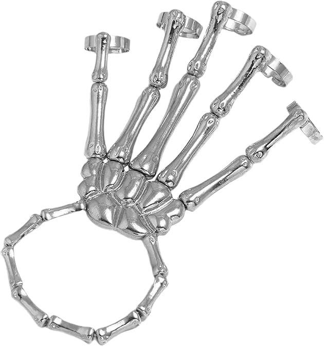 4-Piece Skull Skeleton Hand Bracelet & Ring Set - Stainless Steel Gothic Punk Jewelry