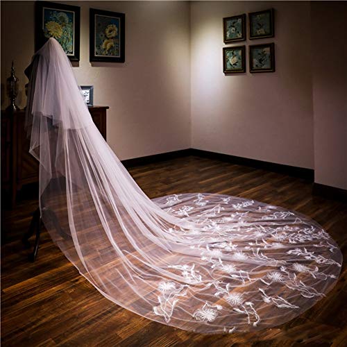 Sijux Bridal Wedding Veil 2T Trailing Elegant Applique Cathedral Veil Long Cut Edge with Comb White 350CM