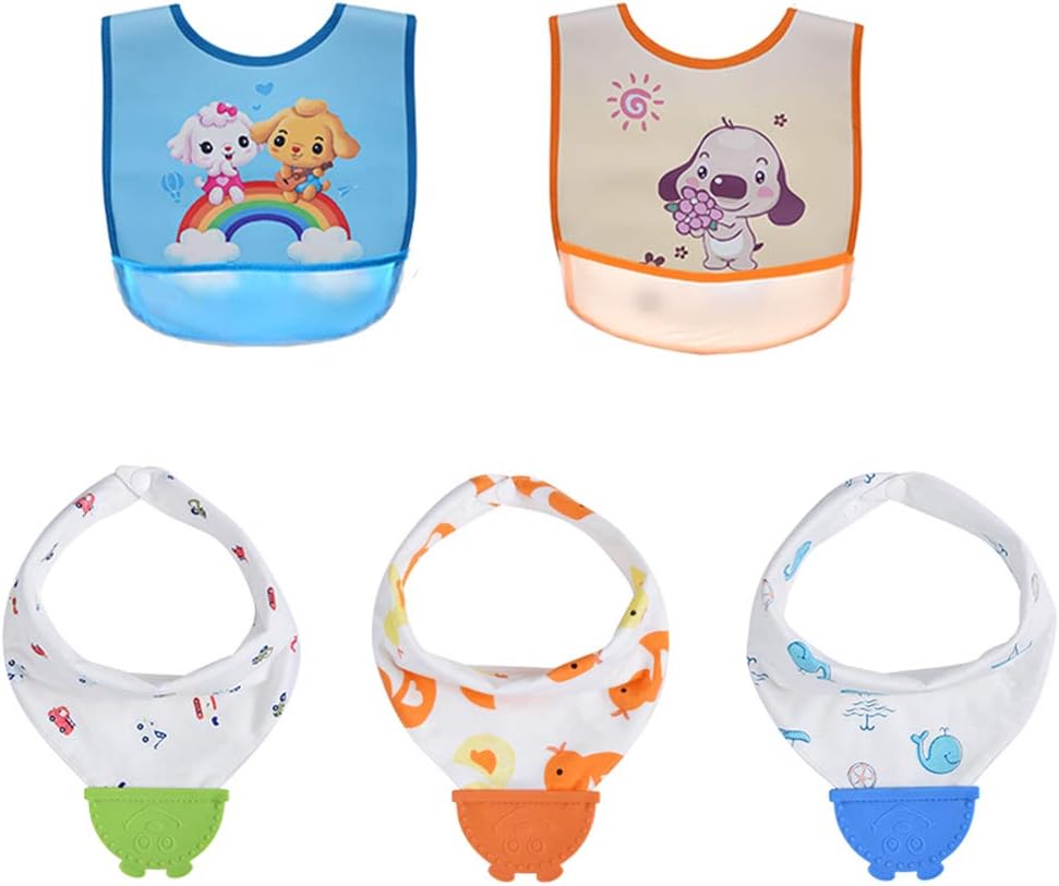 Bandana Teething Bib Boys & Girls, 2 in 1 Cotton Drool Bibs with Teether, Waterproof Feeding Bibs with Food Catcher Flip Pocket, Unisex Gift Set for Baby