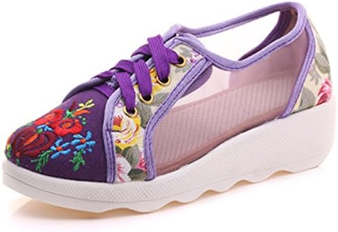 Qhome Women's Floral Embroidery Comfortable Casual Walking Net Yarn Breathable Elevator Flat Shoes