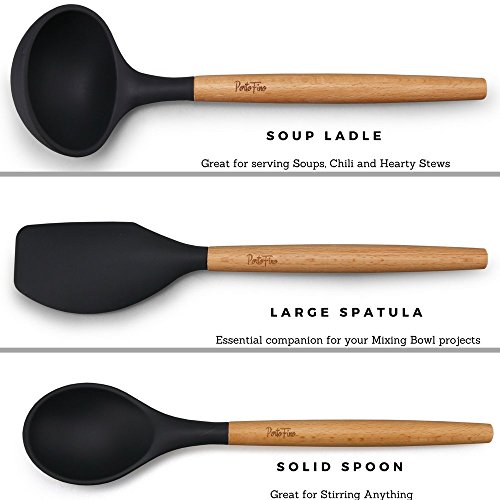 PortoFino 5 Pc. Kitchen Utensil Set / Premium Natural Beech Wood & Silicone / Home Cooking Utensils / Wooden Food Prep Tools / Soup Ladle, Slotted Spoon, Solid Spoon, Turner, Large Spatula