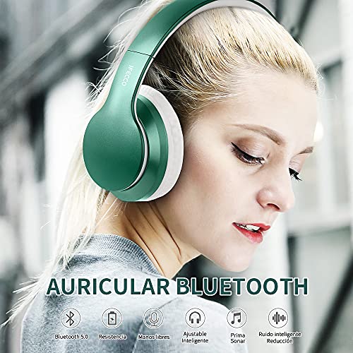 Ifecco Bluetooth Estéreo Auriculares Música sobre-oído Sonido de Alta fidelidad, Bluetooth Banda para la Cabeza Plegable con micrófono y Cable de Audio para Apple iPhone, PC (Jade Verde)