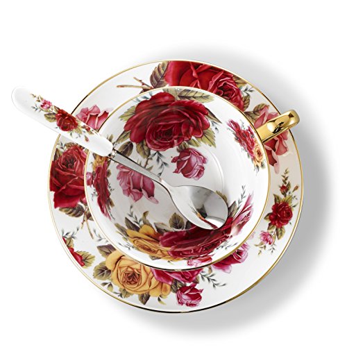Panbado 3 Piece Bone China Coffee Tea Cup and Saucer Set with Spoon, 6.8 oz/200 ml, Yellow and Red Rose - Thumbnail 2