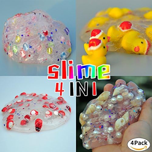 Eswutt 4 Kind Of Magic Crystal Clear Different Slime -- Ducks Slime ，Pearls &amp; Shells Slime, Letter Beads Slime And The beetles Slime .Stress Relief Christmas Gift Birthday Gift, for Children and Adult