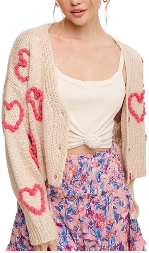 CHICWISH Women Heart Cropped Sweater Cardigan Button V Neck Cute