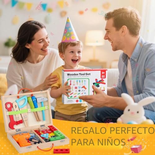 Toys Children 3 Years Old Gift Boy Girl 3 4 Years, Wooden Tool Box Toy with Electric Drill, Montessori Toys Educational Games Boys Girls 3 4 Years Old (44 Pieces)