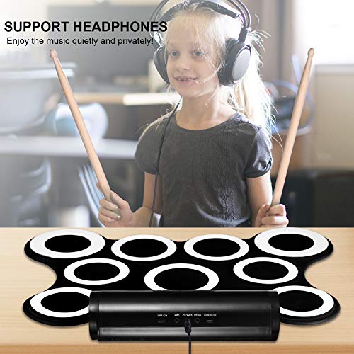 Electronic Drum Set, Christmas Gifts for Kids 9 Pads Roll Up Drum Kit Practice Pad Midi Drum Kit with Headphone Jack, Built in Speaker and Rechargeable Battery, Drum Stick, Foot Pedals. - Thumbnail 6