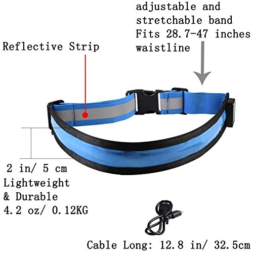 LED Light Up Running Belt Reflective Waist Belt USB Rechargeable Safety Lights Fully Adjustable Elastic Glowing Band & High Visibility Gear for Running Walking Cycling, Fits Women Men & Kids (Blue)