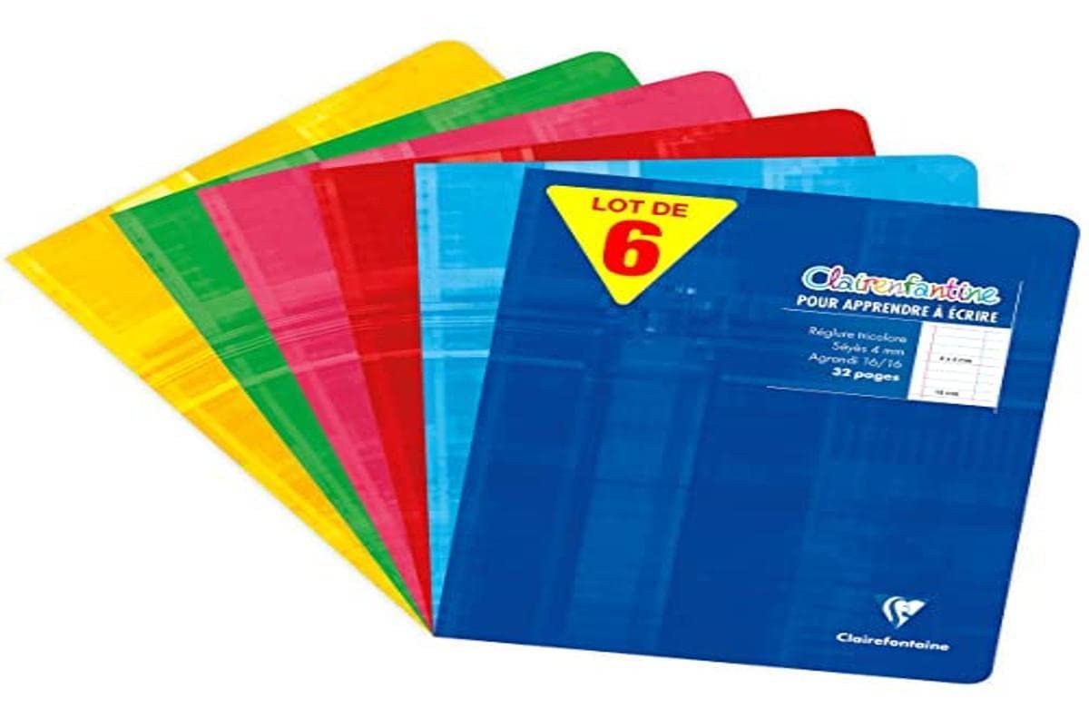 Clairefontaine 3795AMZC Set of 6 Stapled Writing Notebooks - 17x22cm - 32 Pages Seyes Ruled 4mm Enlarged 16/16 - White Paper 90g - Card Cover - Random Colours