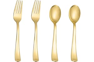 N9R 100PCS Gold Plastic Silverware, Heavy Duty Disposable Cutlery Set for Parties, Disposable Plastic Spoons and Forks Includes 50 Gold Spoons and 50 Forks for Weddings, Birthday, Dinners