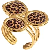 Izpack Vintage Leopard Print Geometric Statement Ring Band for Women - 18K Gold Plated Stainless Steel Round Square Layered Adjustable Open Stacking Finger Rings Comfort Fit Unique Jewelry Holiday