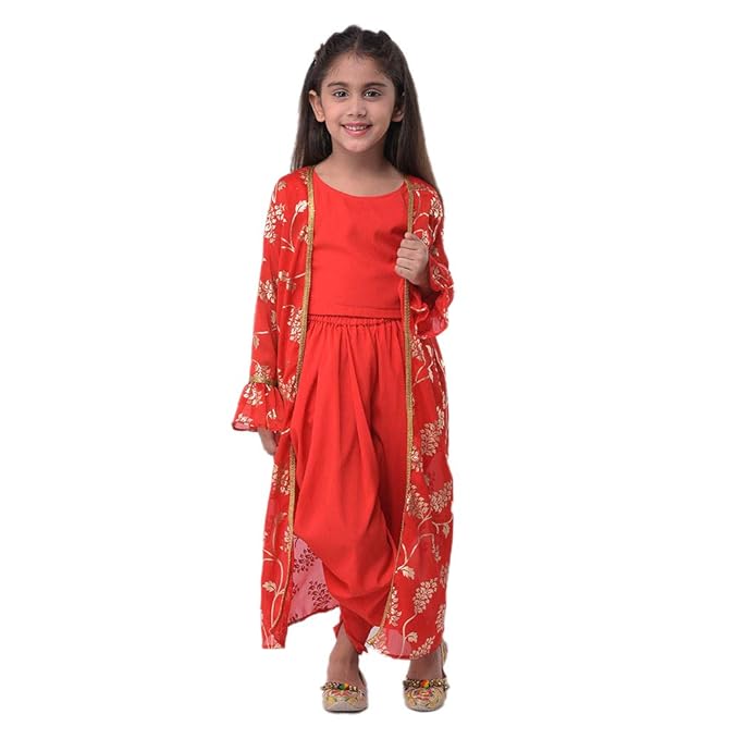 M'ANDY By Hopscotch Girls Crepe Foil Cape With Blouse And Dhoti in Red Color