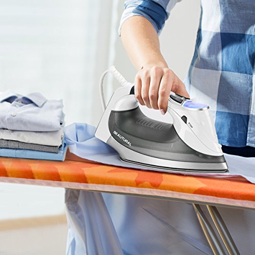 Beautural 1800 Watt Variable Temperature and Steam Iron with LCD Display, Double Ceramic Coated Soleplate, 6.2ft Power Cord and 340ML Tank-White/Grey