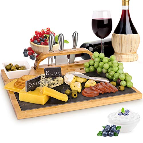 Bamboo Cheese Board and Cutlery Set with Slate Centerpiece and Cheese Markers, 16X13 Inchs
