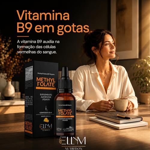 Vitamina B9 Metilfolato em Gotas Sublingual 30 mL ELLYM NUTRITION Sabor Laranja O Ácido Fólico Auxilia na Formação do Tubo Neural do Feto Durante a Gravidez (30 mL)