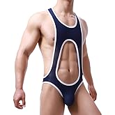 WMIERFI Mens Bodysuit Thong G-string Leotard Mesh Wrestling Singlet Jumpsuit Underwear Base Layers