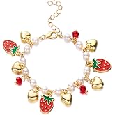 LOTSOF 18K Gold Plated Strawberry Cherry Heart Pearl Bracelet for Women Cute Fruit Adjustable Bracelets Christmas Holiday Birthday Gift Jewelry for Women