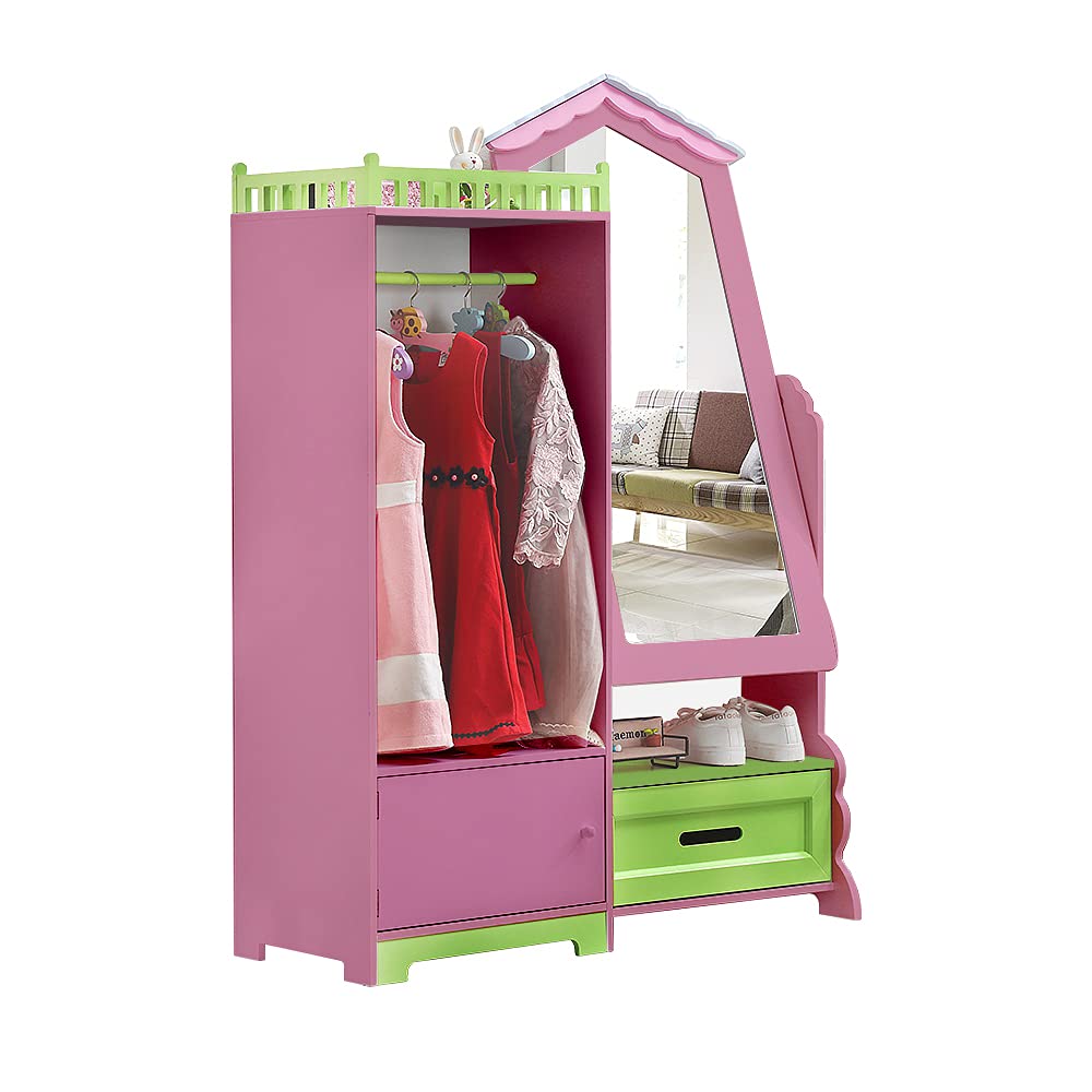 Kids Wardrobe Children Storage Cabinet with Mirror & Drawer | Child Wooden Organizer Locker Cupboard Bedroom Furniture for Boys Girls Gift (Pink)