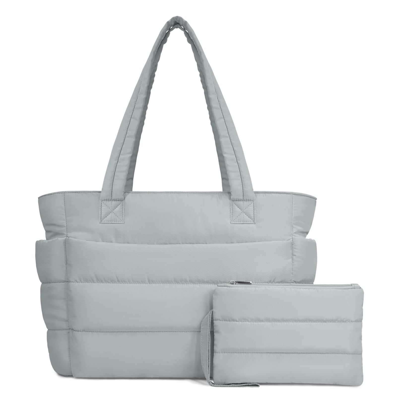 Photo 1 of TOPDesign Puffer Tote Bag for Women, Lightweight Puffy Handbag with Compartments & Cosmetic Bag, Quilted Shoulder Bags for Work, Travel, Gym, Gifting (L Light Grey)