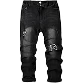 Nivne Tco Tween Boys Black Jeans Dark Wash Cut Out Ripped Frayed Design Zipper and Elastic Waist Denim Pants