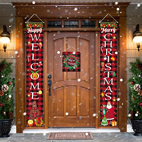 Christmas Decorations Porch Signs - 3PCS Merry Christmas Banner Front Door Hanging Banners - Winter Red Black Buffalo Plaid Party Decor Supplies for Front Porch, Fireplace Wall, Indoor/Outdoor