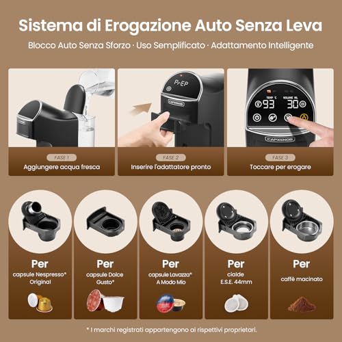 Magician2 5 in 1 Multi-Capsules Coffee Machine for Nespresso, Dolce Gusto, Lavazza A Modo Mio, ESE 44 and Ground Caps, Touch LED, Self-Adaptive, 20 Bar, 1.2L, Espresso Machine for Home and Office