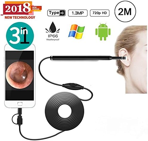 OVEHEL Ear Otoscope 1.3MP 720P HD Ear Scope Inspection Camera 3 In 1 USB Ear Digital Endoscope Earwax Cleansing Tool with 6 Leds for Micro USB,USB-C Android Phone,Windows MAC PC-Black(6.5FT)