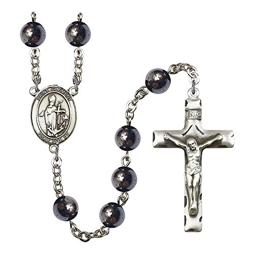 St. Clement Silver-Plated Rosary 8mm Hematite Beads Crucifix Size 1 3/4 x 1 medal charm