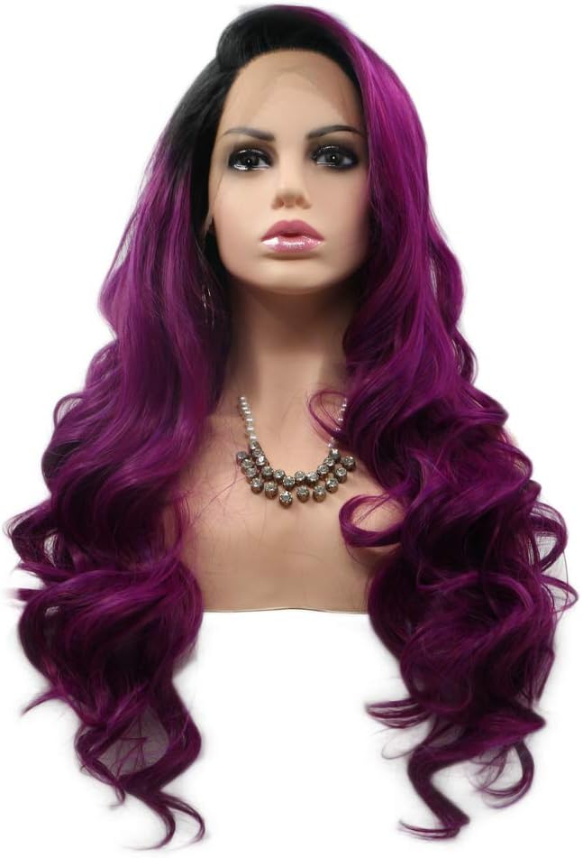 RainaHair Side Part Ombre Dark Purple Violet Wig Synthetic Lace Front Wigs Long Body Wave Hair Black Roots Holidays Cosplay Women Wigs 24inches