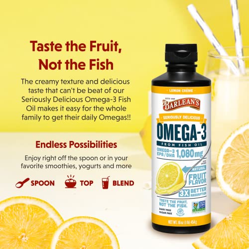 Barlean's Lemon Crème Omega 3 Fish Oil Liquid Supplement, 1080mg of Omega 3 EPA & DHA Fatty Acid