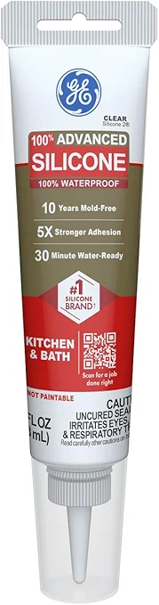 GE Advanced Silicone Caulk for Kitchen & Bathroom, Clear, 2.8 fl oz Tube, 1 Pack - 100% Waterproof Silicone Sealant, 5X Stronger Adhesion, Shrink & Crack Proof