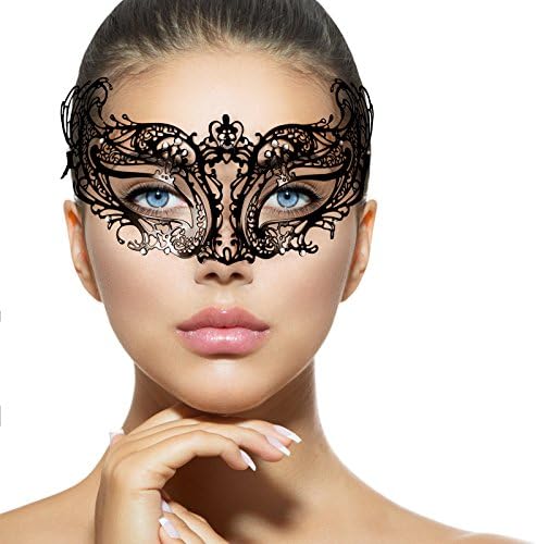 Fancy Cactus Black Metal Filigree Luxury Masquerade Mask | White Diamantes | Masquerade Ball Mask for Men/Women