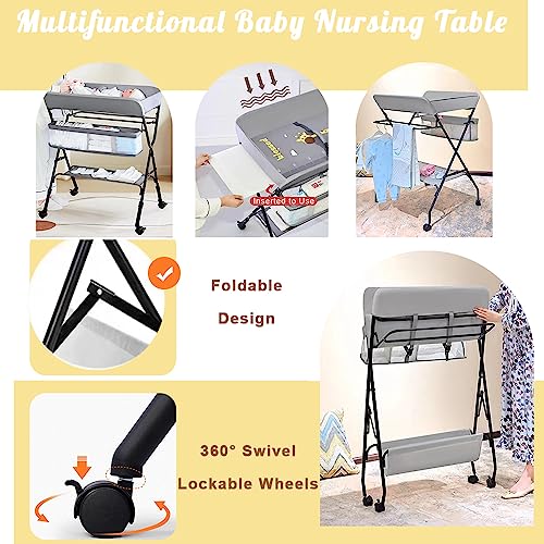 DMG TECH Portable Baby Changing Table, Waterproof Diaper Changing Table with Wheels, Adjustable Height Folding Diaper Station with Safety Belt, Large Storage Racks for Newborn Baby and Infant