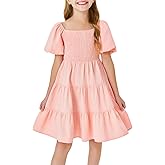 Batermoon Girls Boho Square Neck Puff Sleeve Off Shoulder Smocked Tiered Casual A Line Short Mini Dress