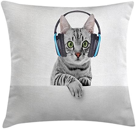 laizhoulianrui Cat Throw Pillow Cushion Cover, DJ Kitty Listening Music with Blue Headphones Urban Life Whiskers Funny Artistic Cool Image, Decorative Square Accent Pillow Case, 18 X 18 Inches, Grey