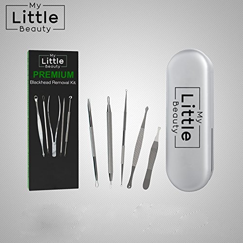 MY LITTLE BEAUTY PREMIUM Removedor Puntos Negros Kit 5 en 1 Extractor de Comedones Kit de herramientas diseñado para quitar puntos negros, acné, comedones, manchas, granos, espinillas, pelos enquistados y más. 