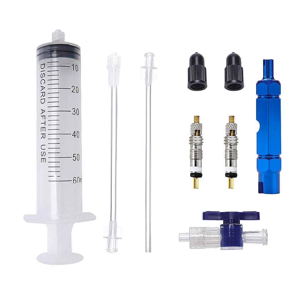 VooGenzek 7 PCS Bicycle Tire Repairing Tool Kit, Tubeless Tire Sealant Filling Tube, Sealant Refilling Tube with Switch, Presta Schrader Valve Core Remover, Presta Valve Core & Cap, 60ml