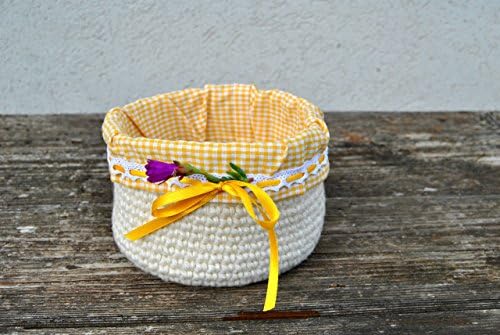 Crochet basket Organizer Storage in white Wool and linen checkered yellowcotton Fabric home or nursery decor